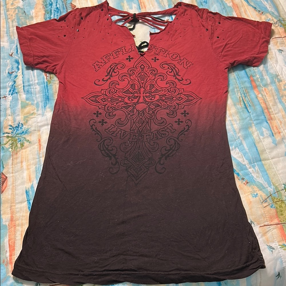 Affliction Red and Orange Graphic T-Shirt. Size small